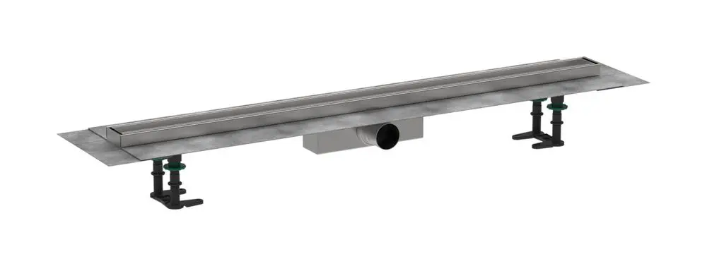 Hansgrohe Duschrinne aus Edelstahl, befliesbar, mit integriertem Ablauf. Die Konstruktion ermöglicht eine Standardinstallation. Montiert auf Unterbau mit Befestigungen.